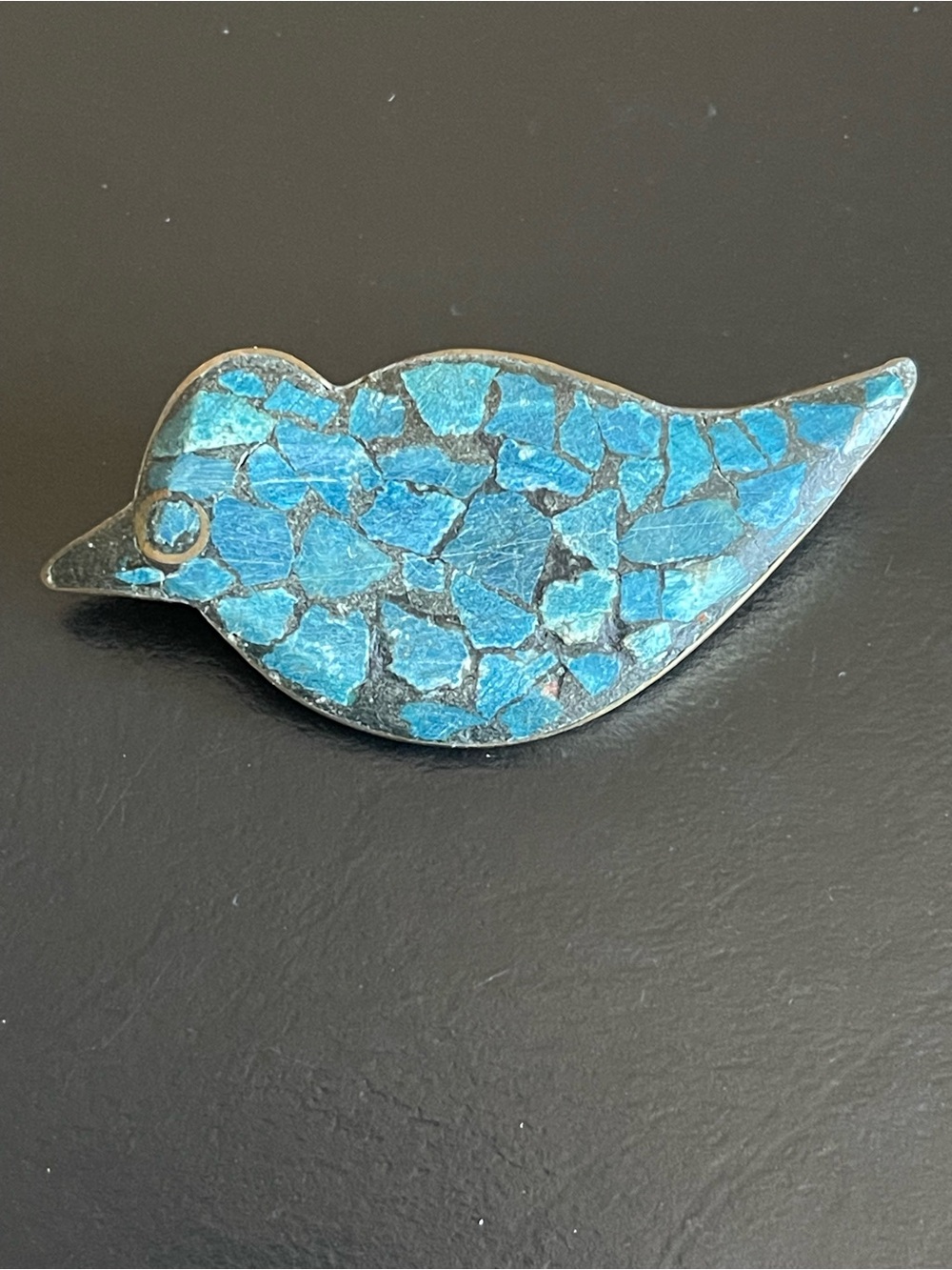 Vintage turquoise inlay brass Mosaic Bird brooch.